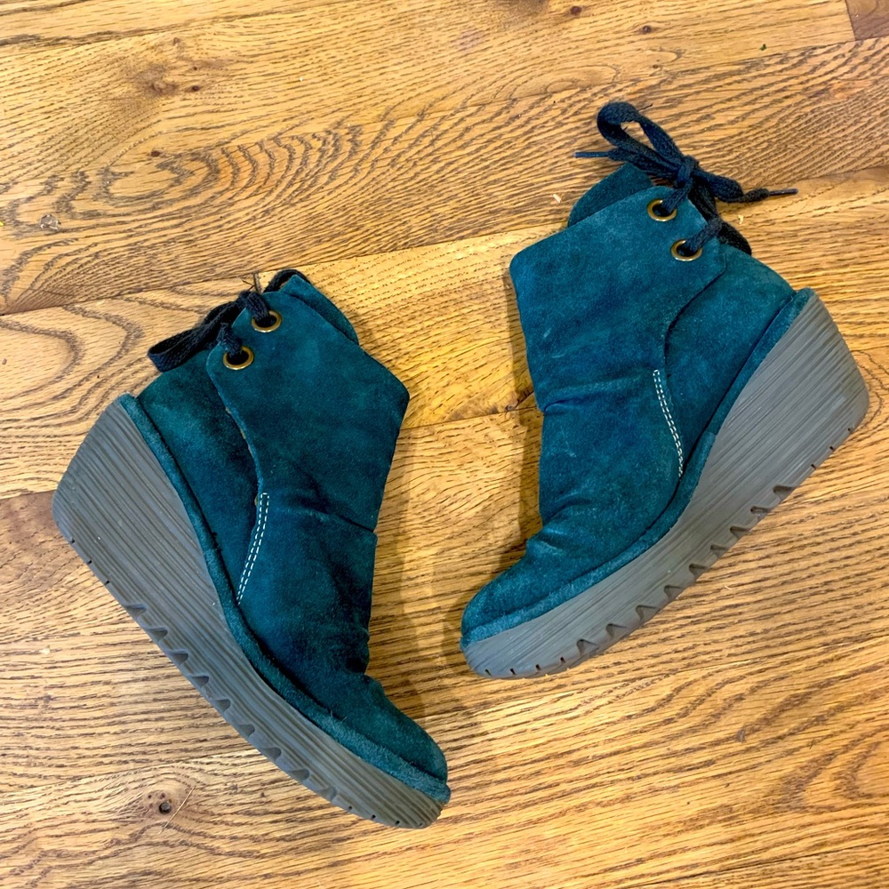 Fly London Women's Yebi Teal Wedge Heel lace up Ankle Boot Tie 39/8